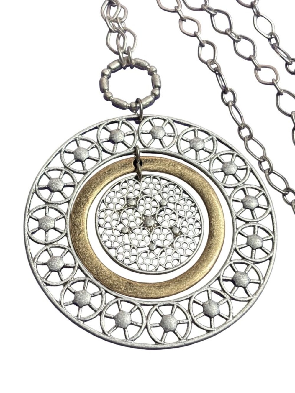 Silvertone Goldtone Filigree Layered Circle Pendant Necklace 28 - 31 inches
